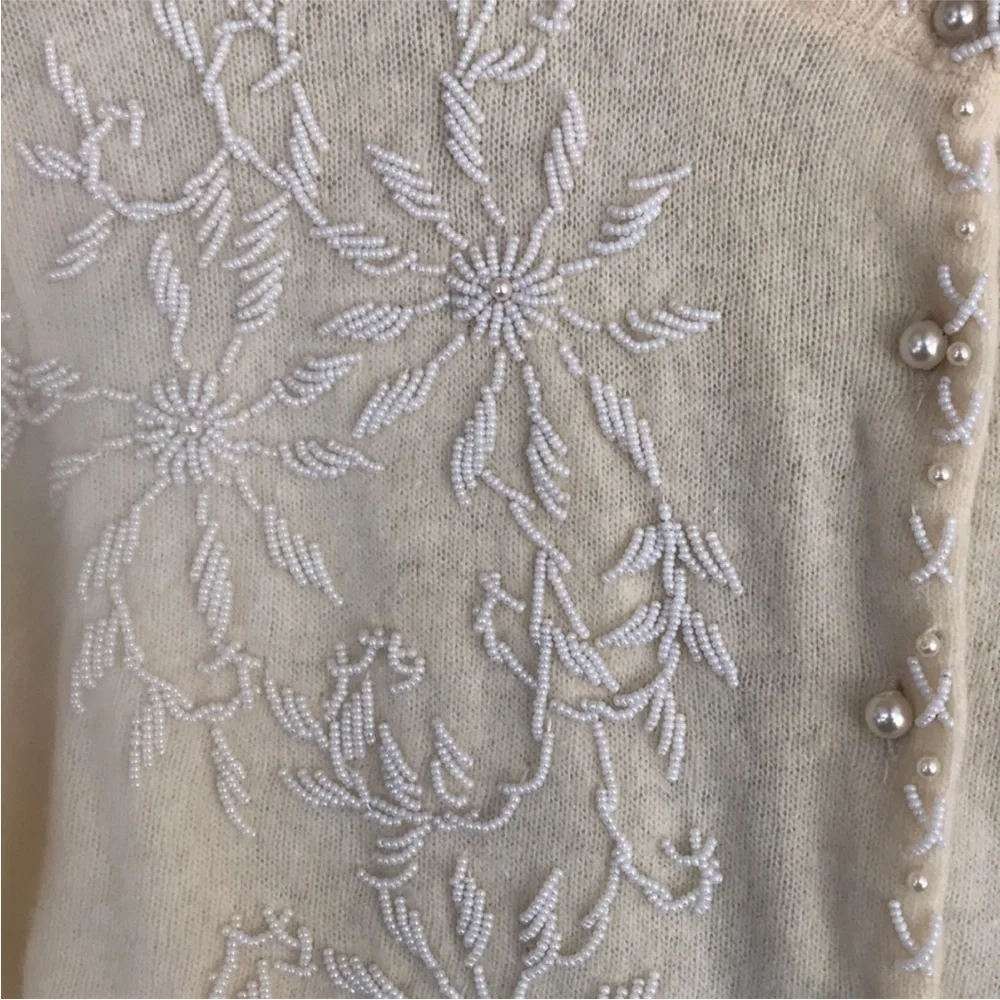Vintage Beaded Angora Lambswool Cardigan Pearl Button Floral Knit - Picture 5 of 13
